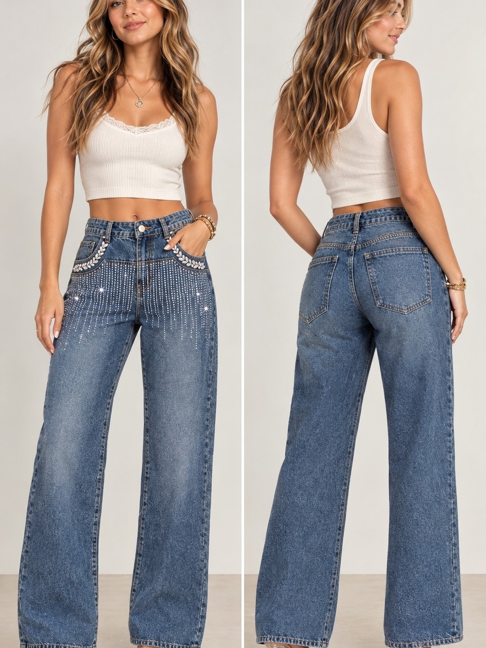 Rhinestone Embellished Wide Leg Jeans Dark Wash Bling Denim Size M